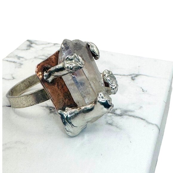 Raw Crystal Statement Ring Upcycled From Copper Baking Dish & Silver Spoon 7.75 - Picture 8 of 13